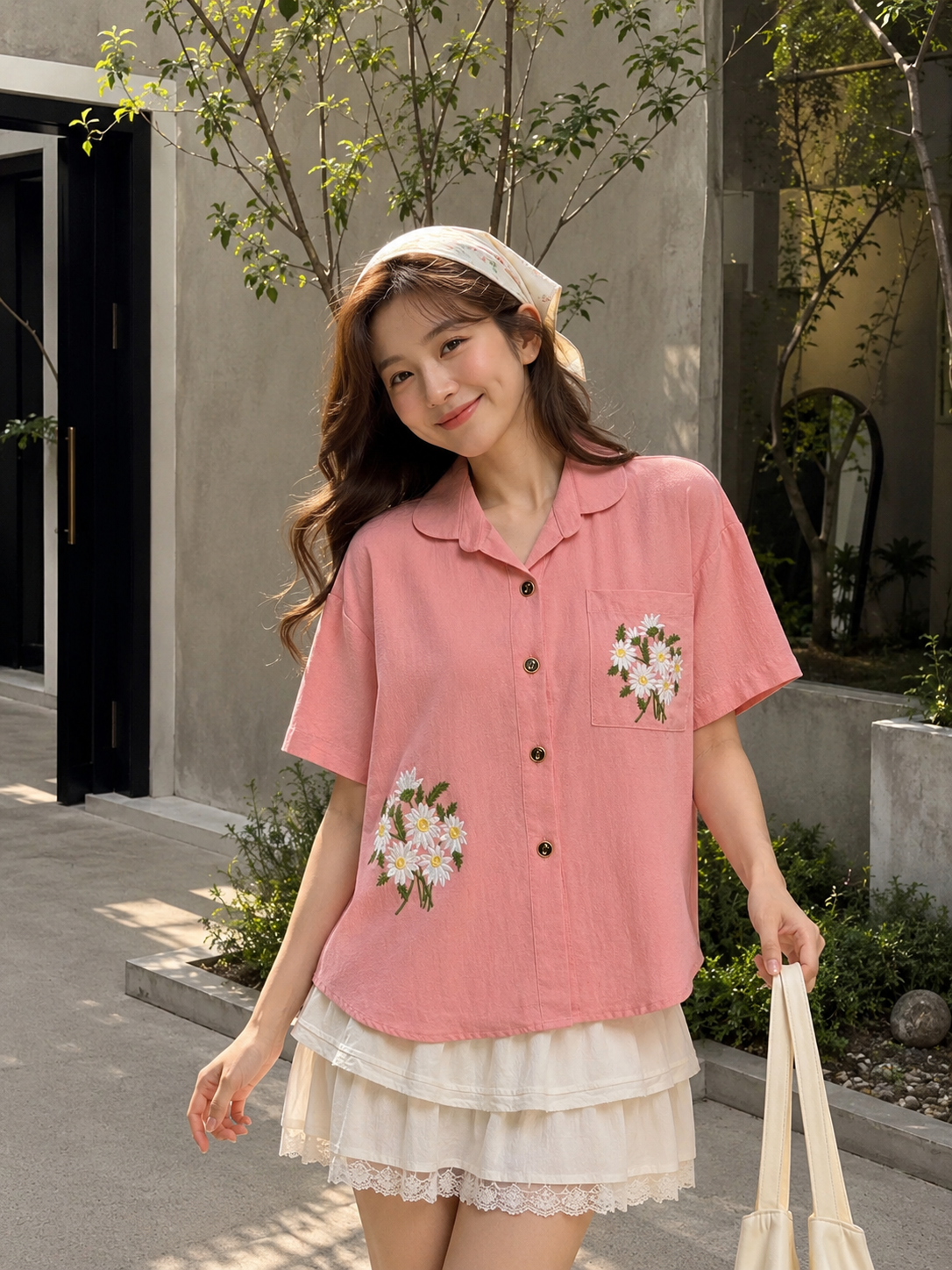 Jeska Flower Cotton Shirt - Pink