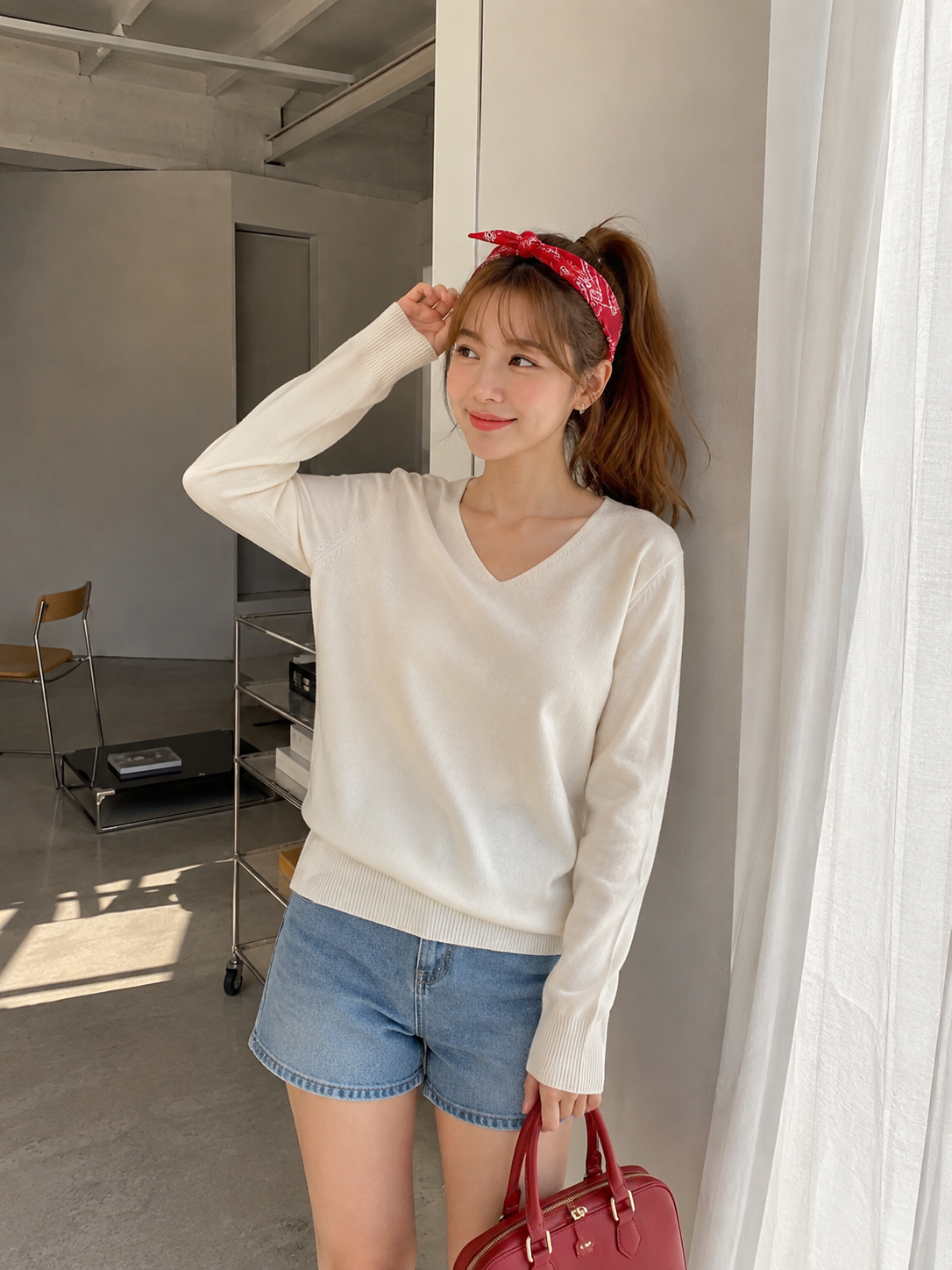 Nasya Vneck Knit Longsleeve - Cream