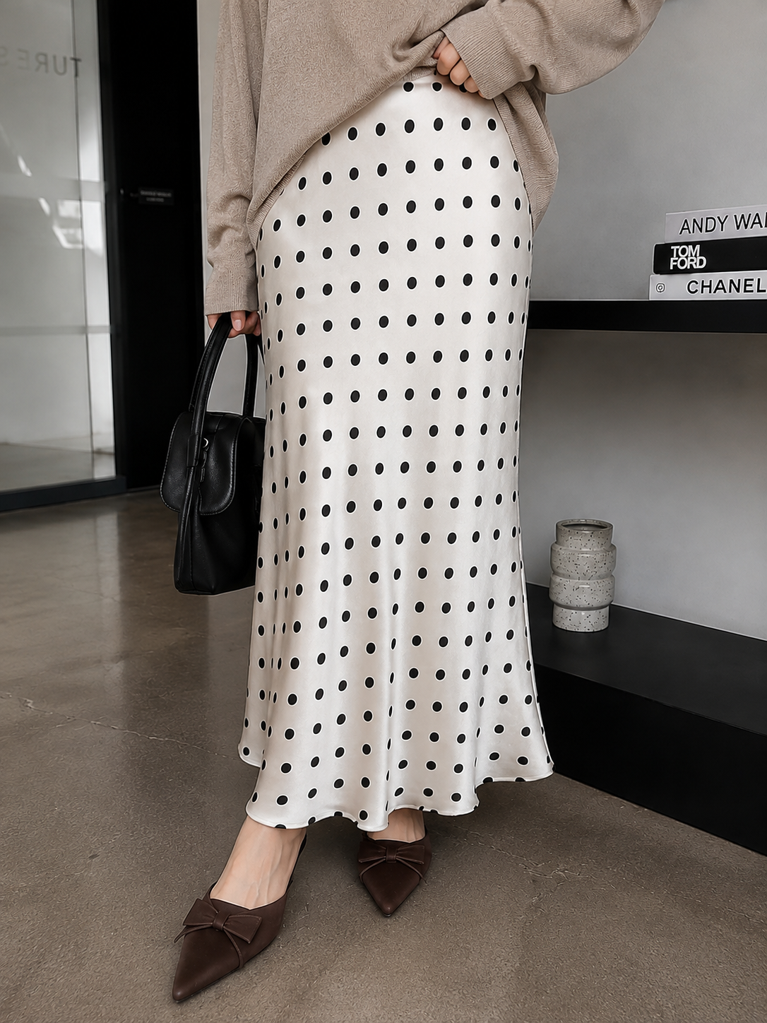 Polka Silk Flare Skirt - White