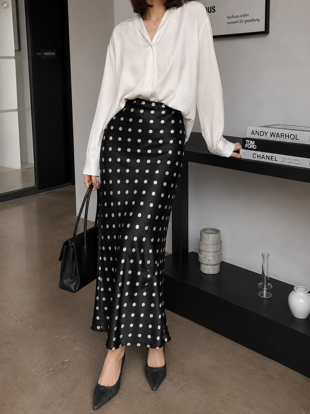 Polka Silk Flare Skirt - Black
