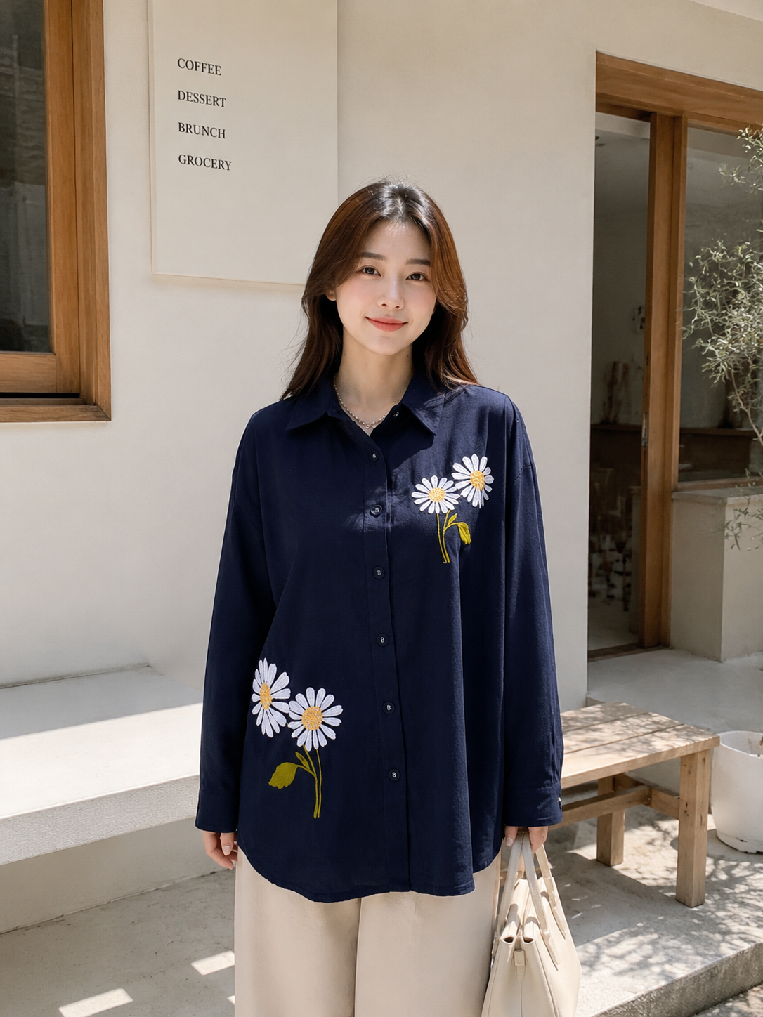 Agera Flower Cotton Longsleeve Shirt - Navy