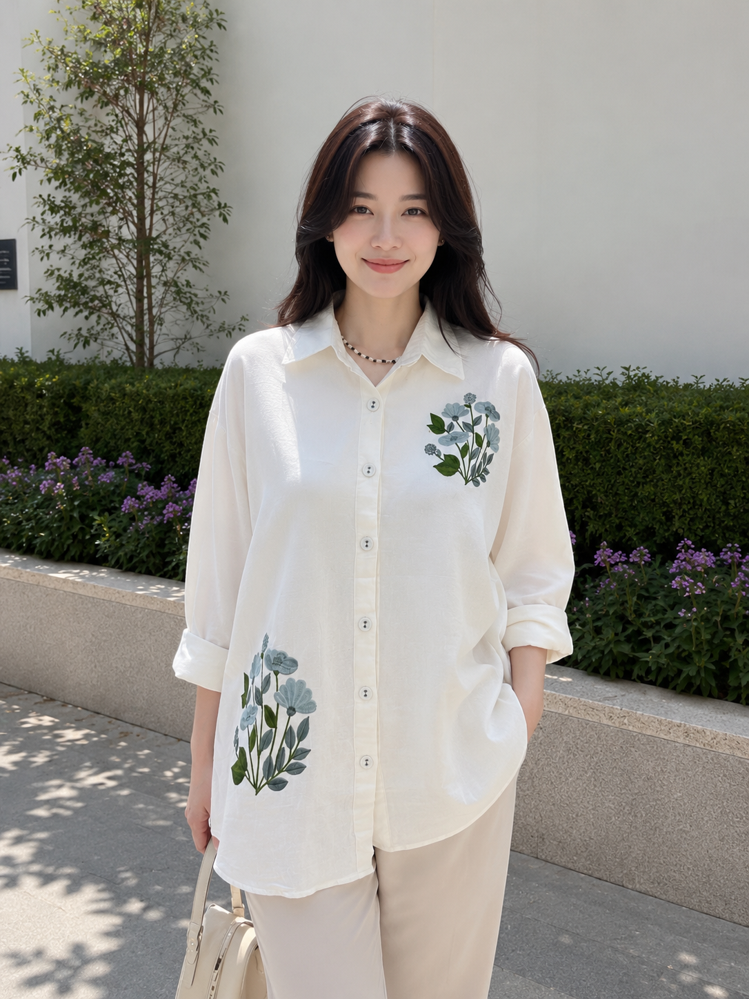 Shinny Flower Cotton Longsleeve Shirt - White