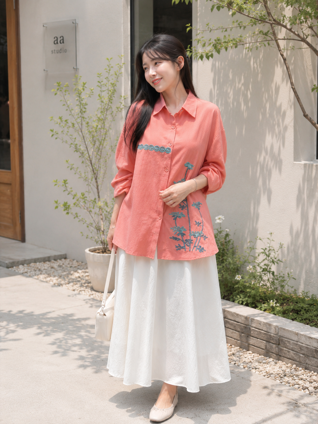 Line Flower Cotton Longsleeve - Pink