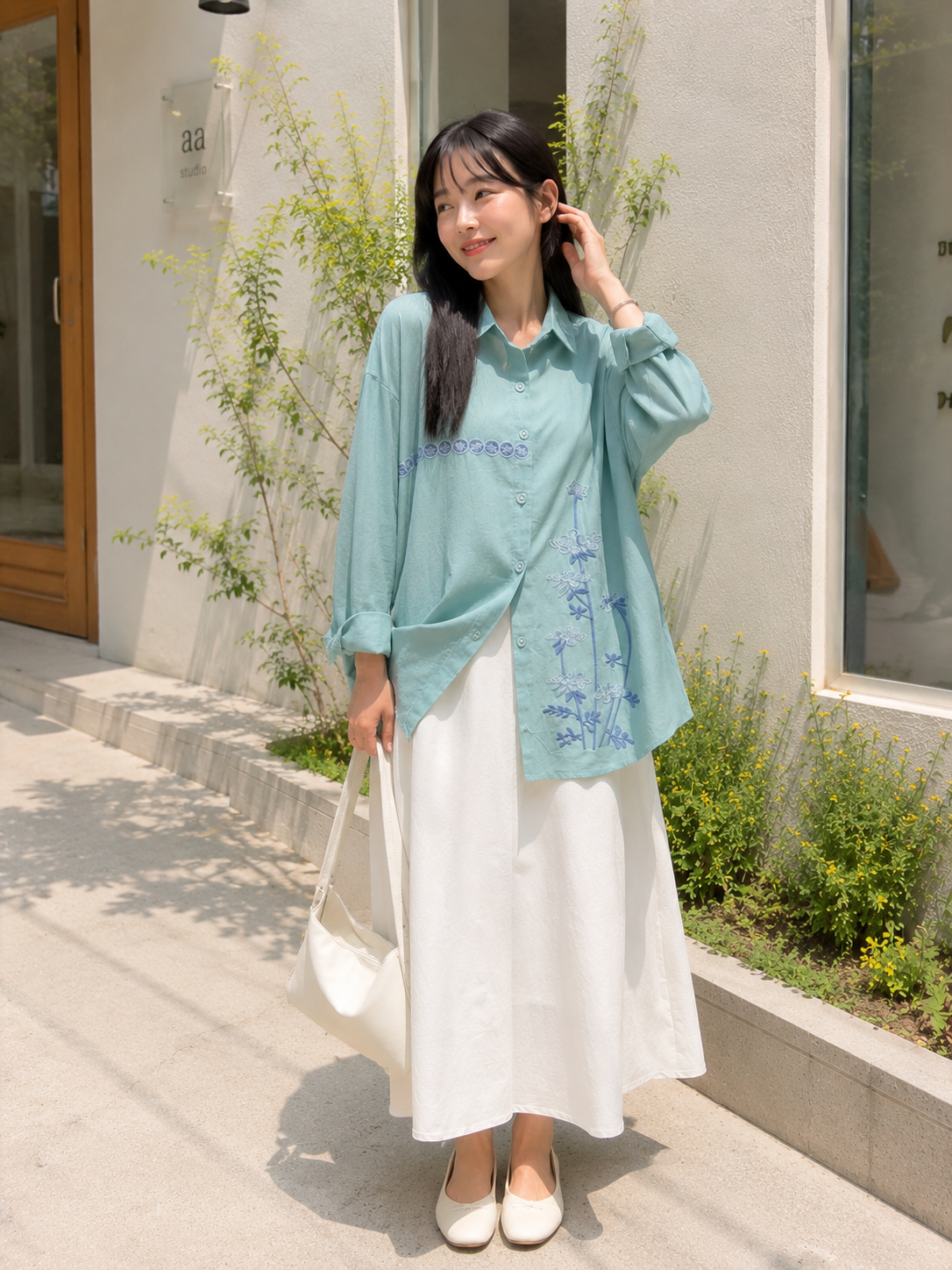 Line Flower Cotton Longsleeve - Mint