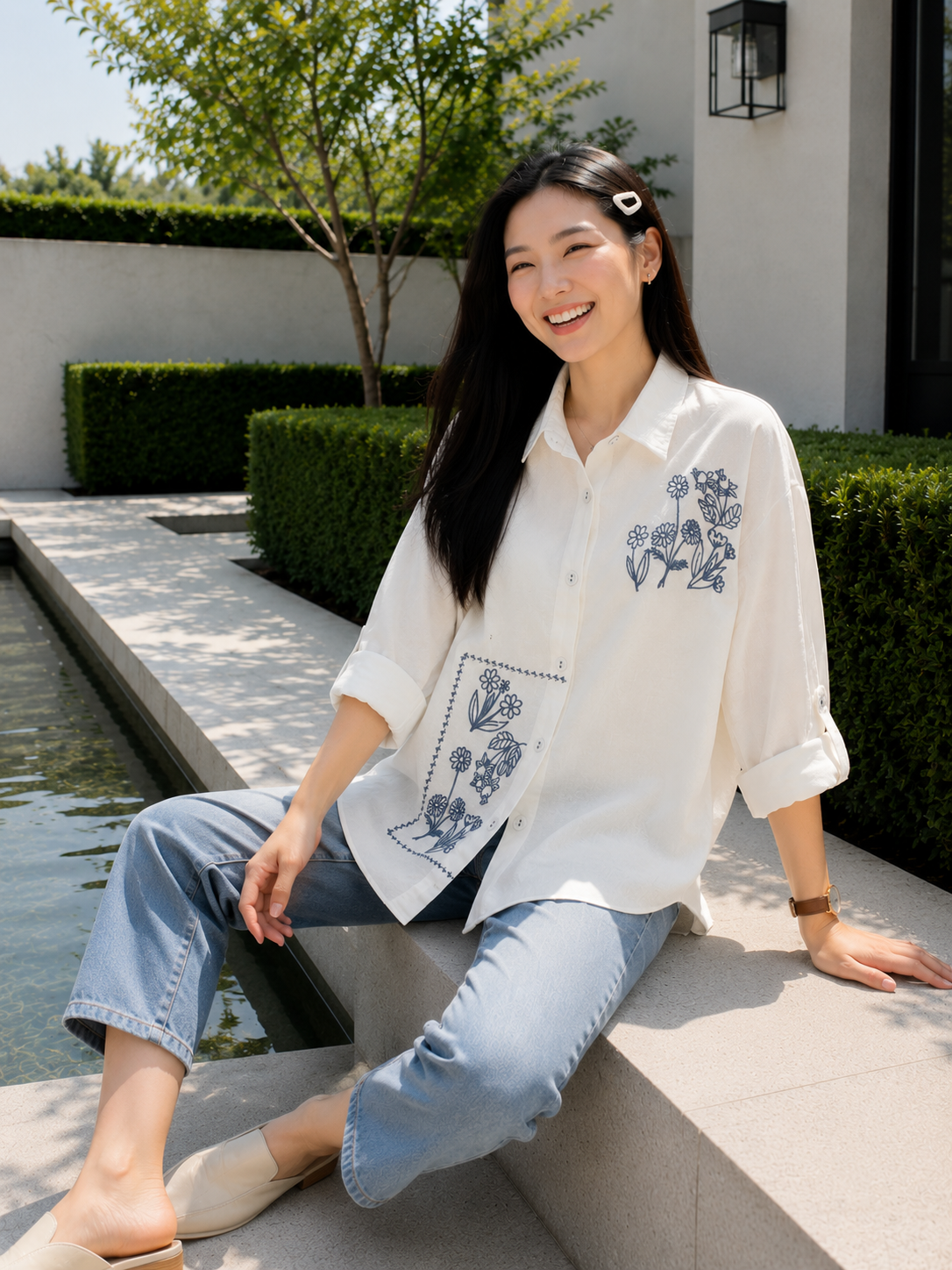 Selva Flower Cotton Longsleeve - White