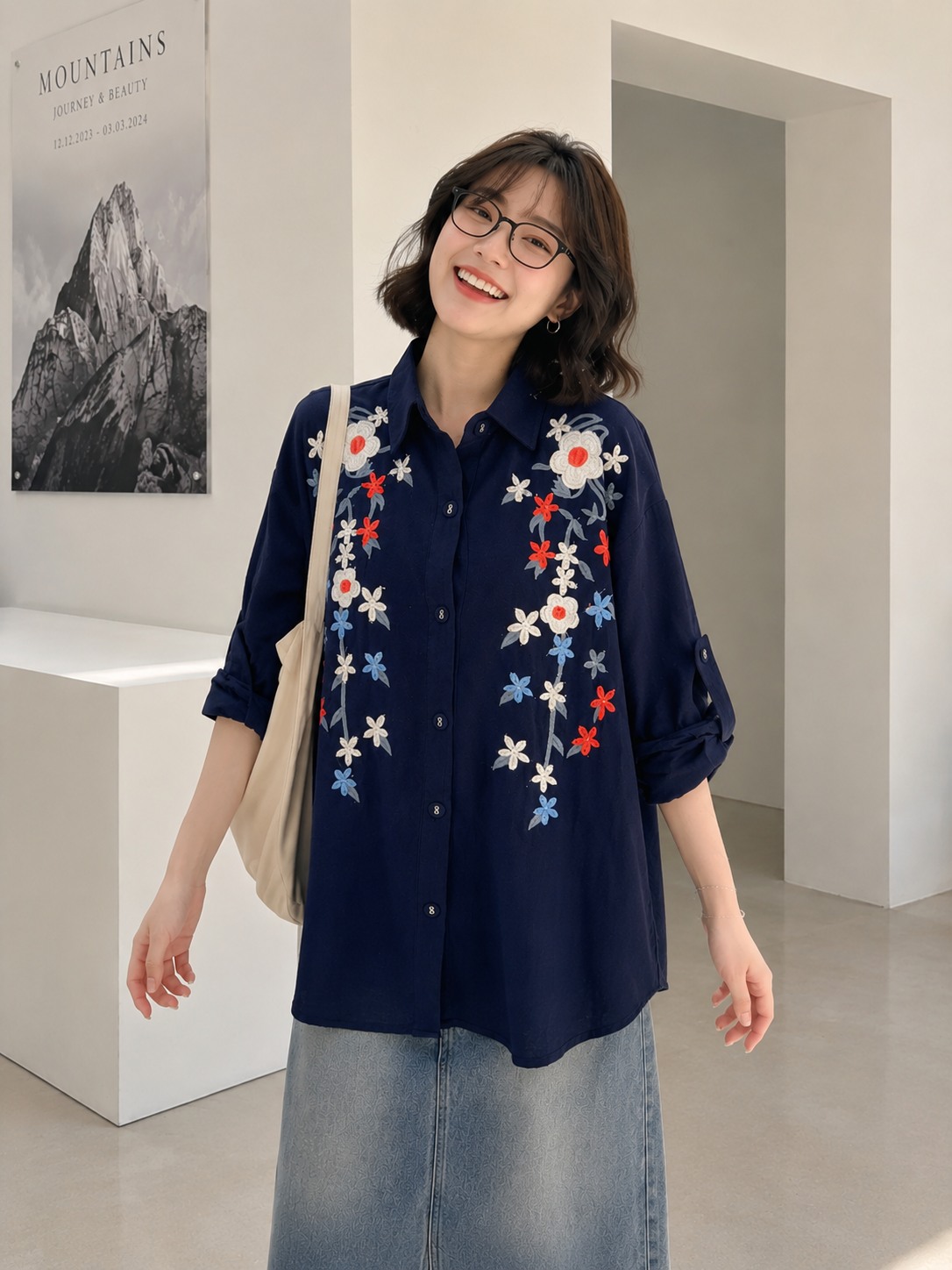 Brita Flower Cotton Longsleeve - Navy