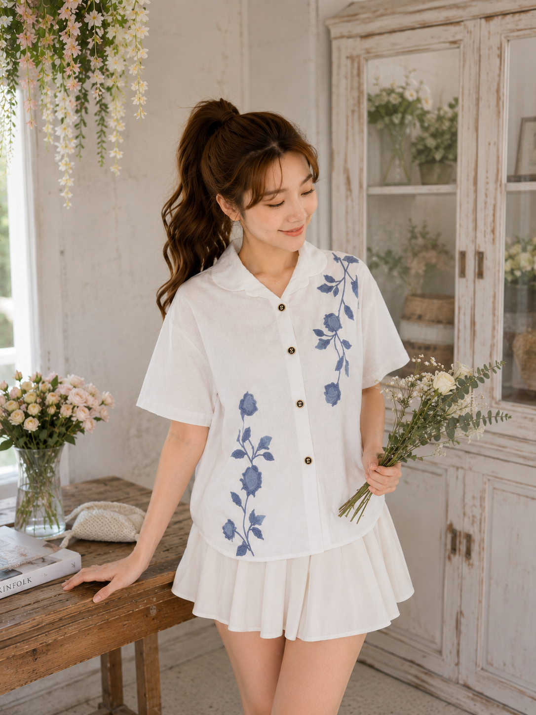 Solvi Flower Cotton Shirt - White