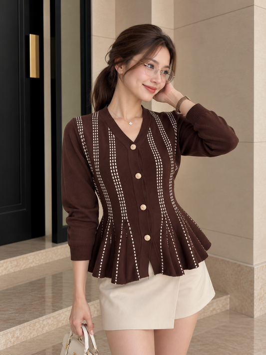 Aysel Peplum Knit Cardigan - Coffee
