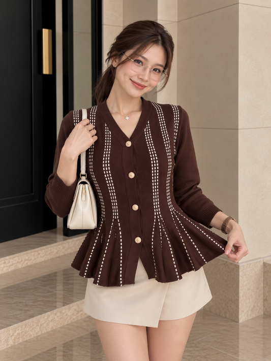 Aysel Peplum Knit Cardigan - Coffee