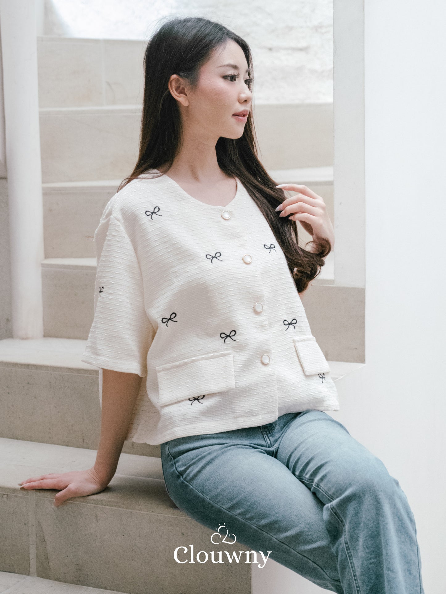 Emery Ribbon Tweed Top - Broken White