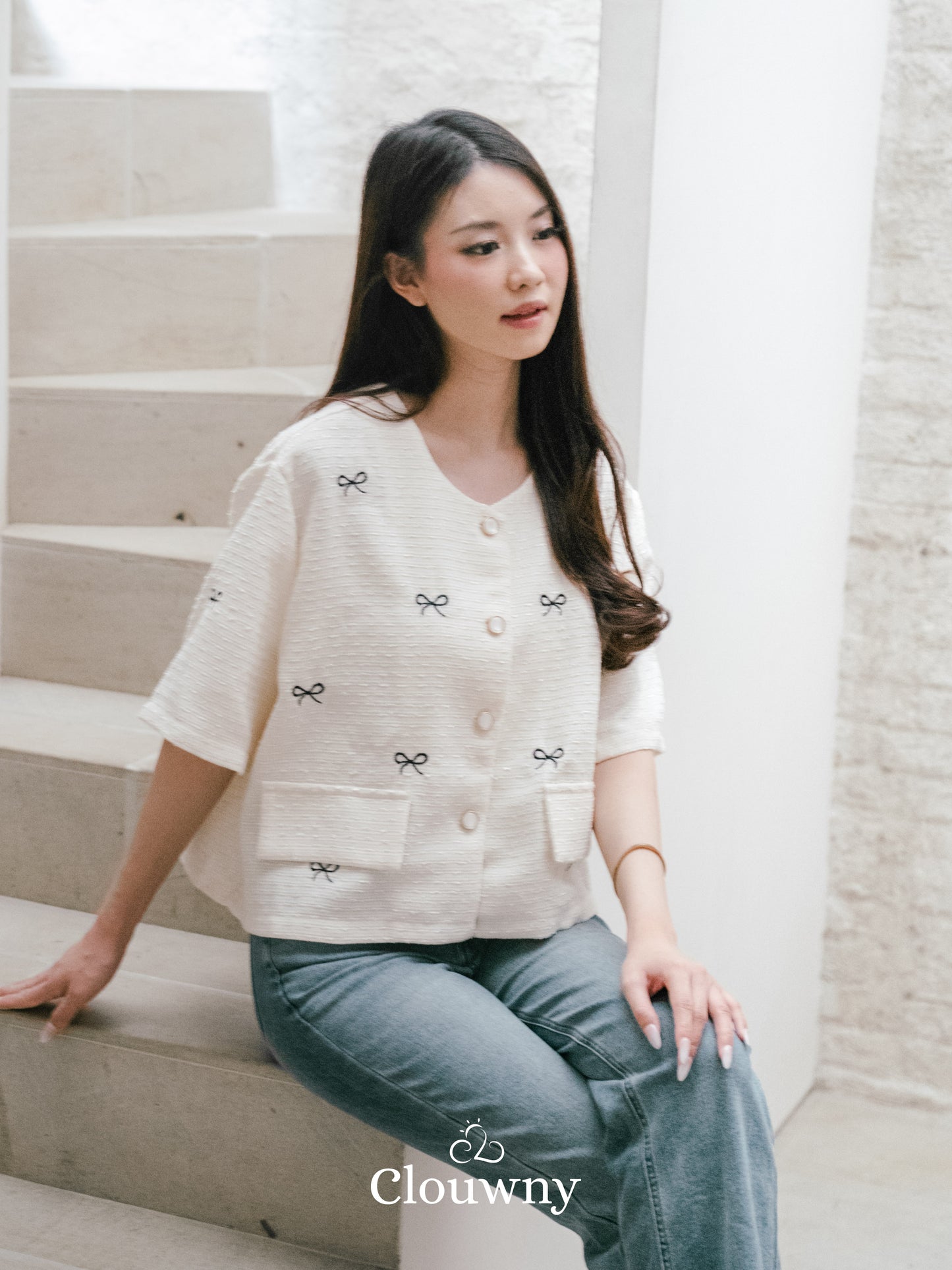 Emery Ribbon Tweed Top - Broken White