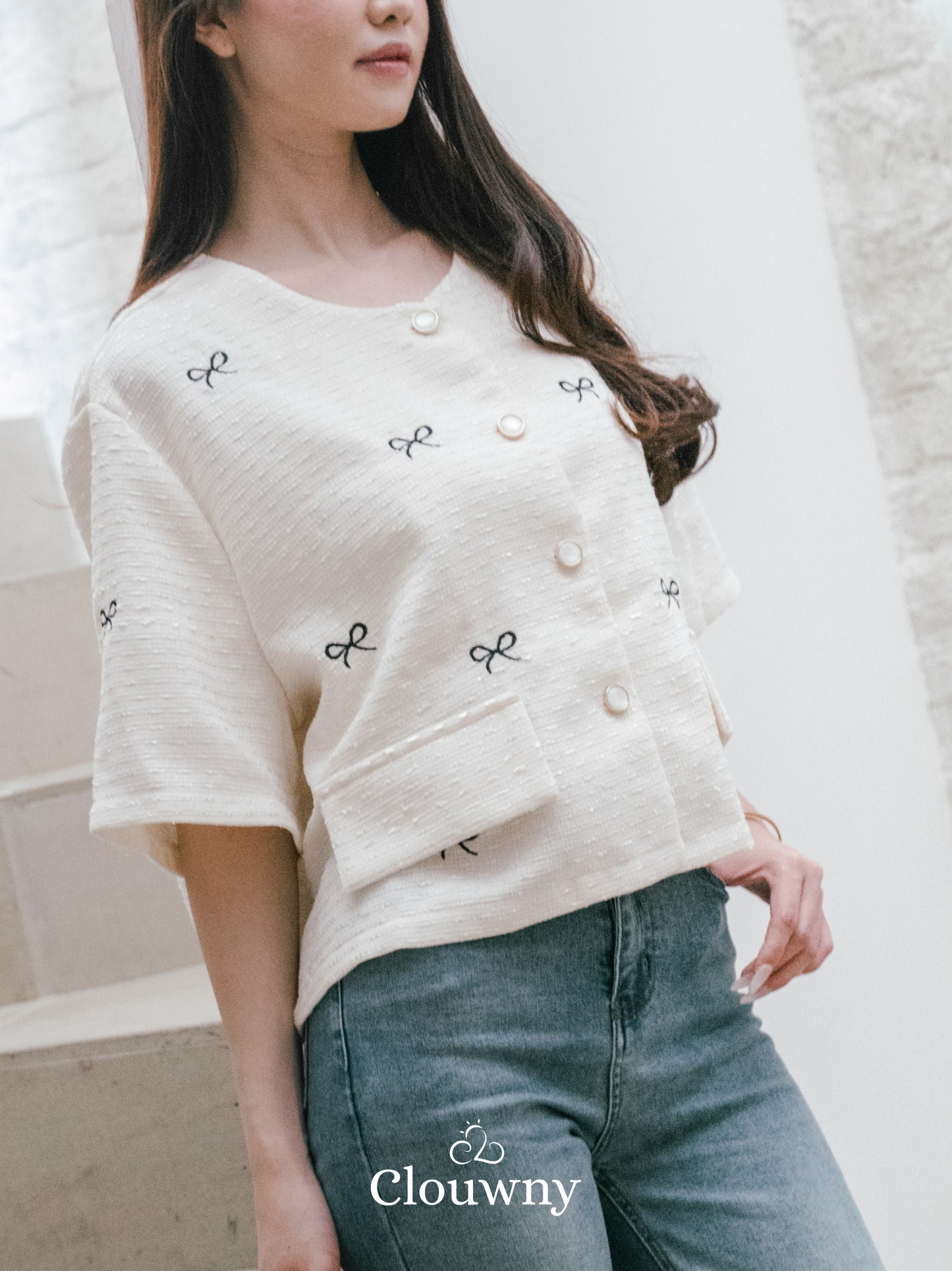 Emery Ribbon Tweed Top - Broken White