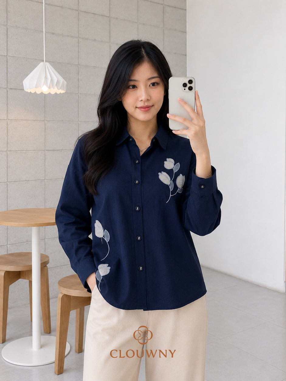 Sona Button Cotton Longsleeve - Navy