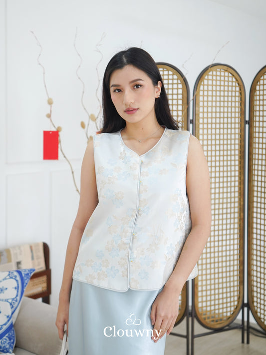 Li Hwa Flower Qipao - Ice Blue