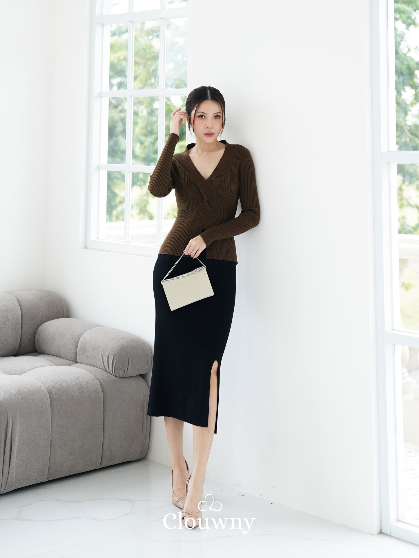 Braid Knit Longsleeve Top - Coffee