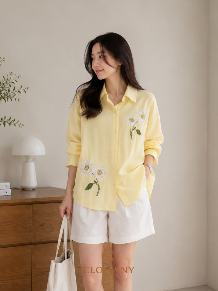 Agera Flower Cotton Longsleeve Shirt - Yellow