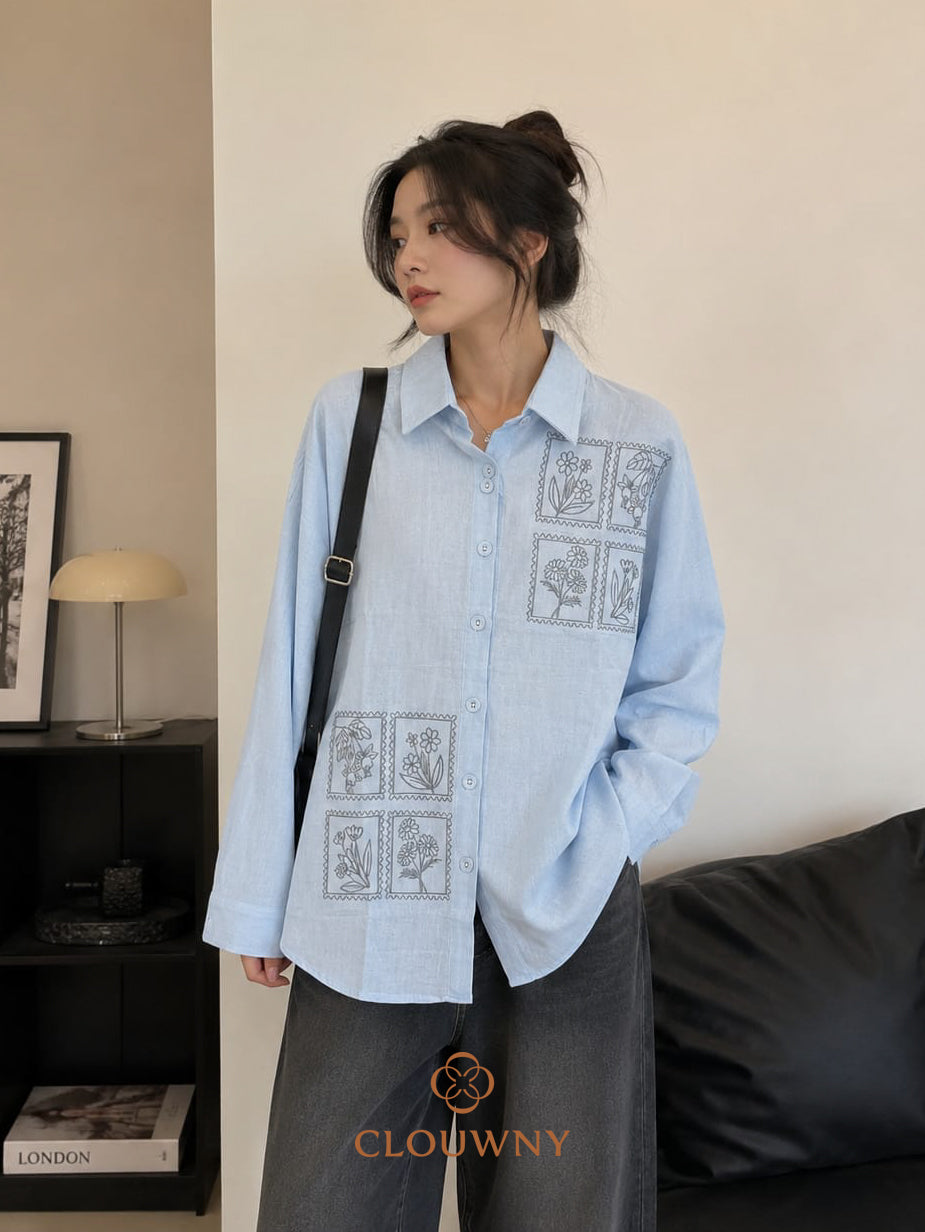 Potrait Flower Cotton Longsleeve - Blue