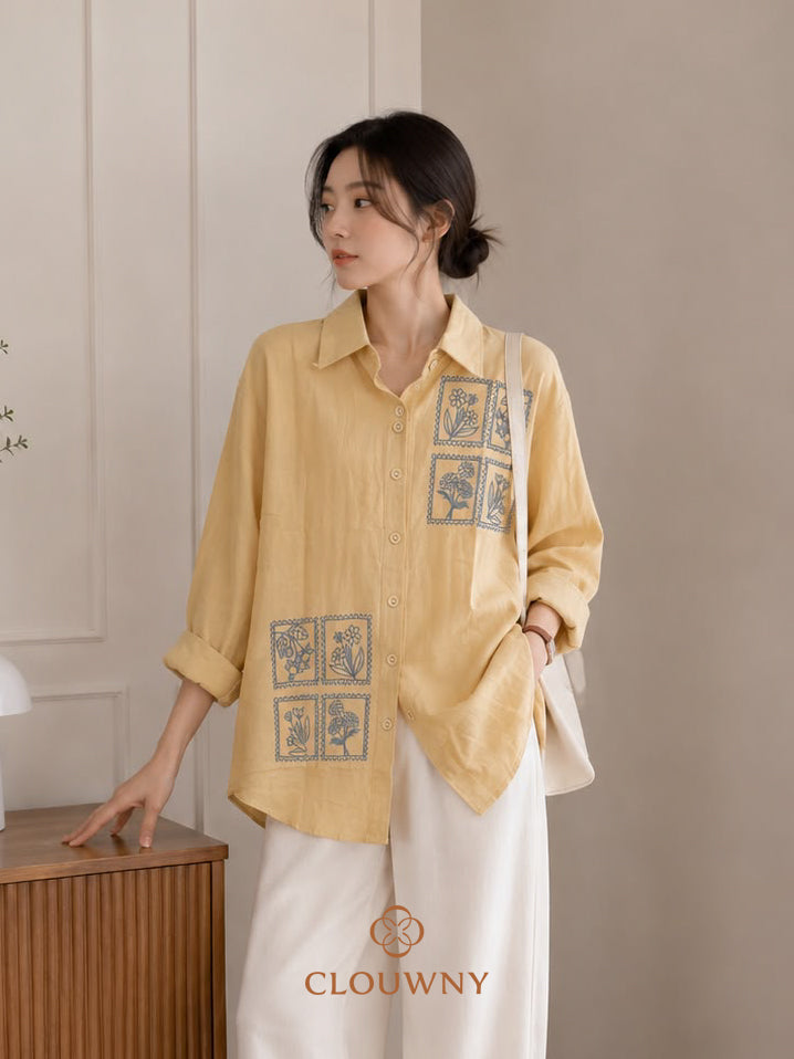 Potrait Flower Cotton Longsleeve - Khaki
