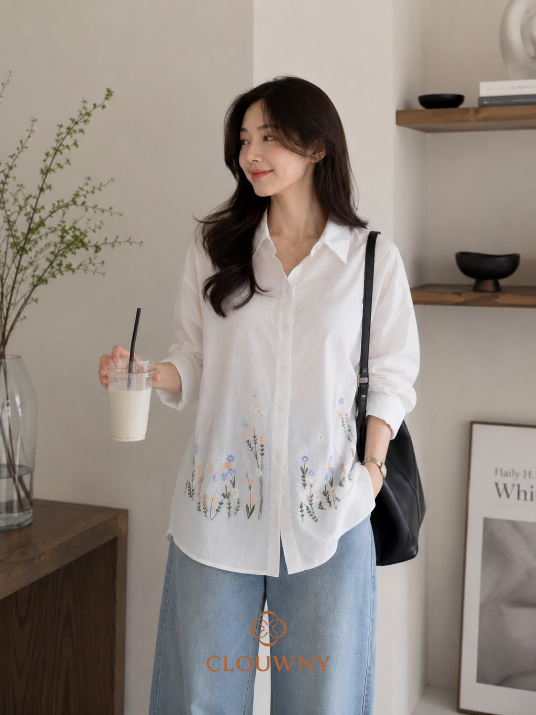 Kasia Flower Cotton Longsleeve Shirt - White