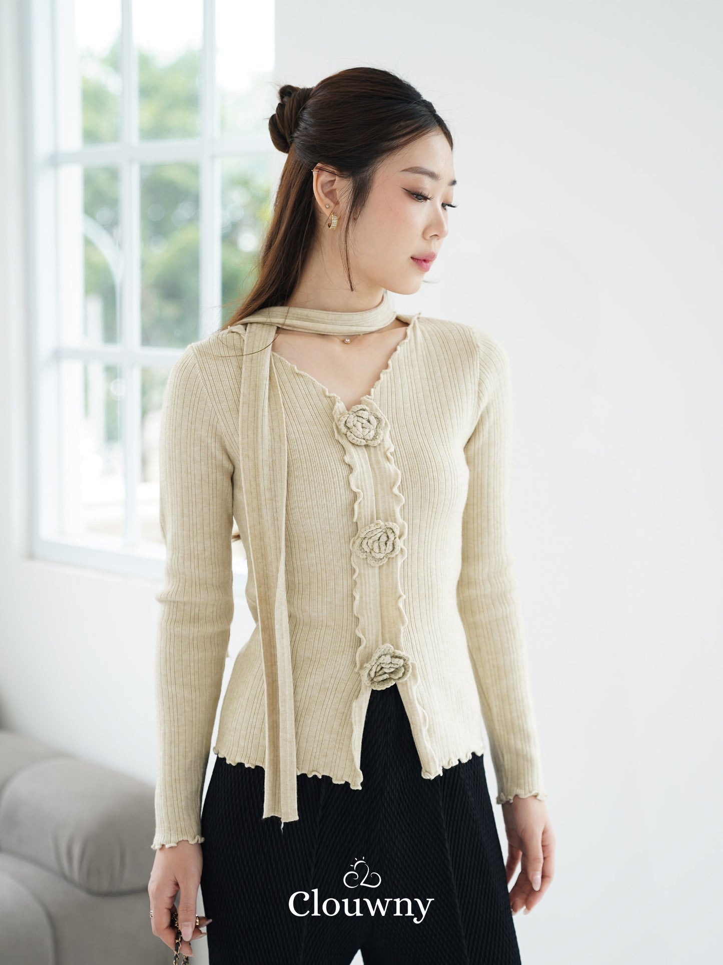 Marley Flower Knit Top - Khaki