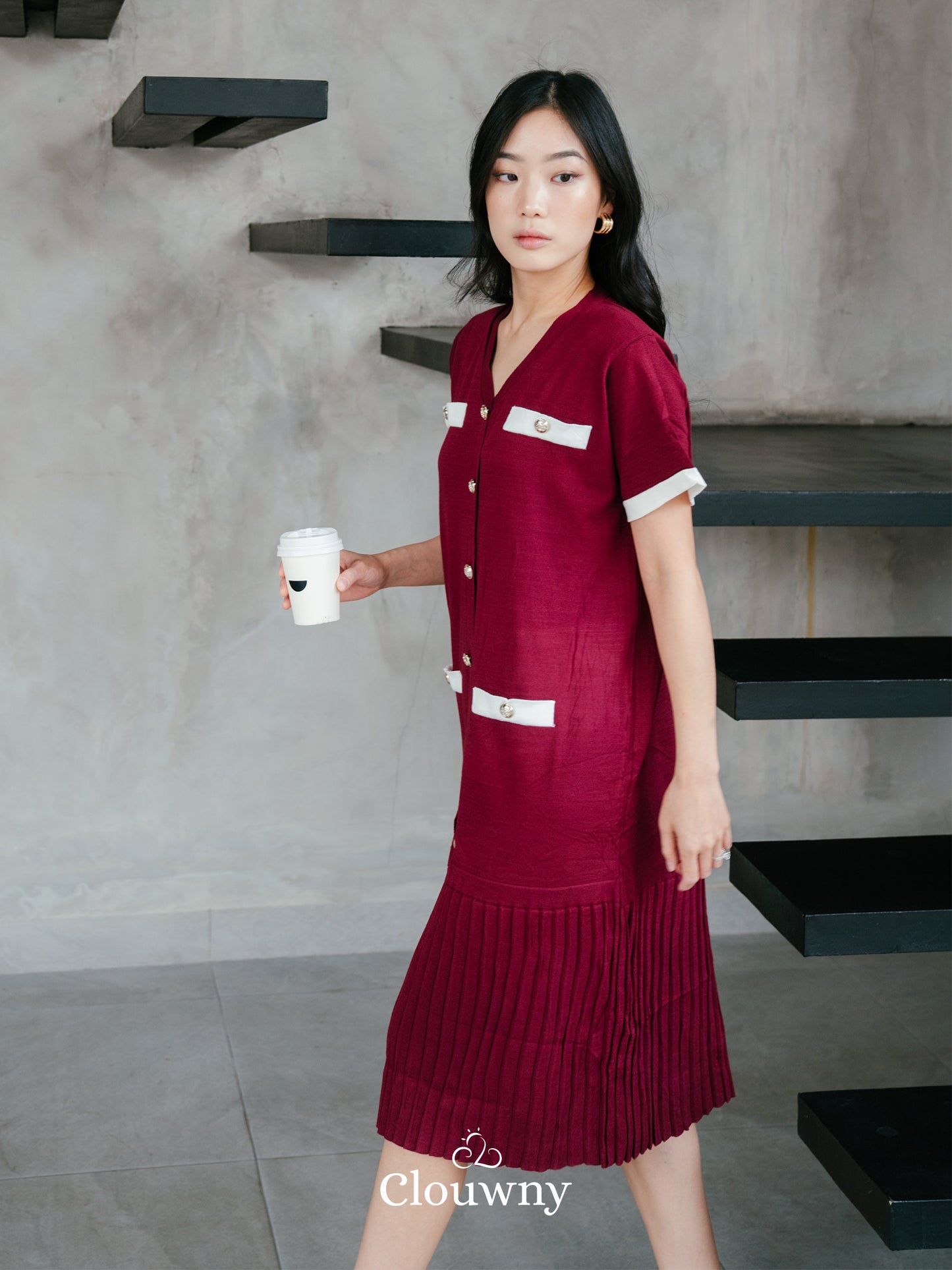 Gaun Kancing Rajut Sherra - Maroon