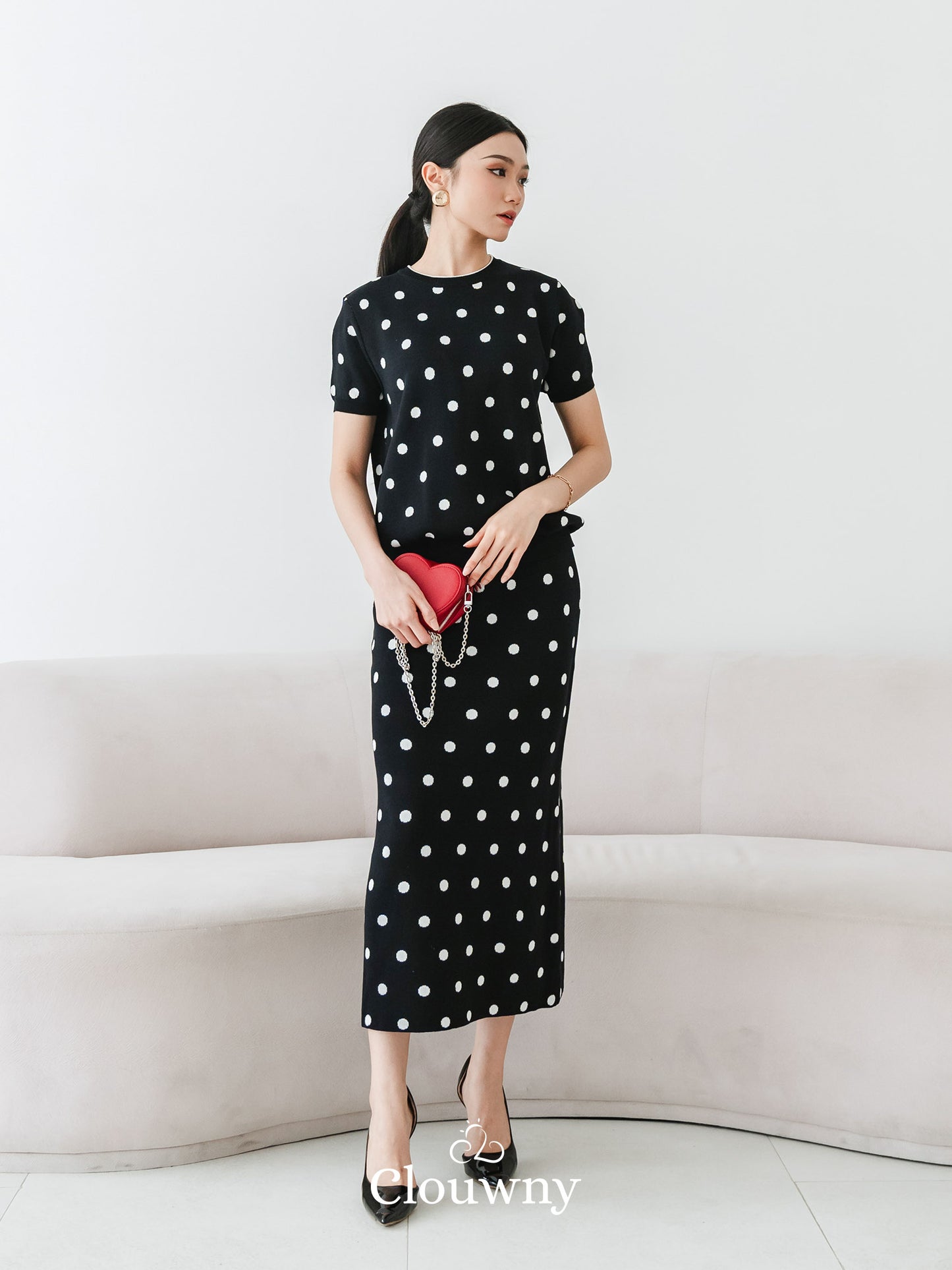 Moir Dot Knit Set - Black