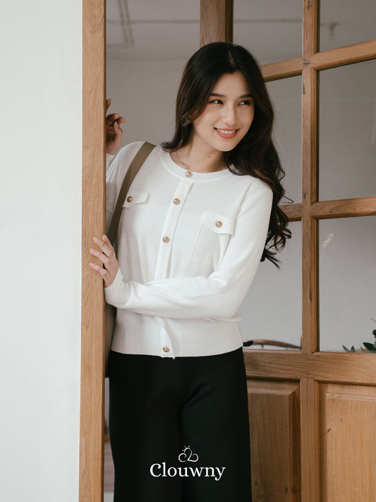 Pomp Button Top - White