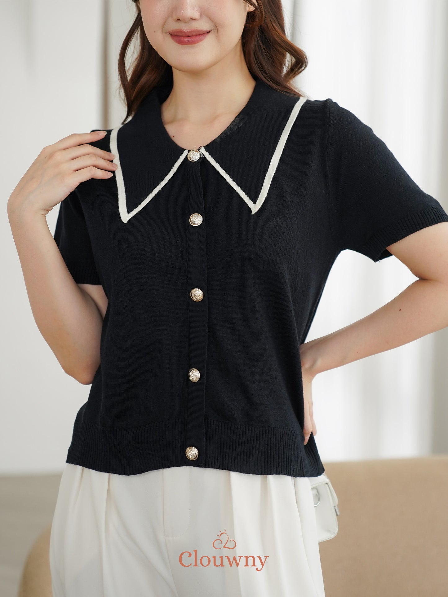 Prisca Collar Knit Top - Black