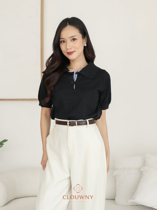 Hervia Double Button Knit Top - Black