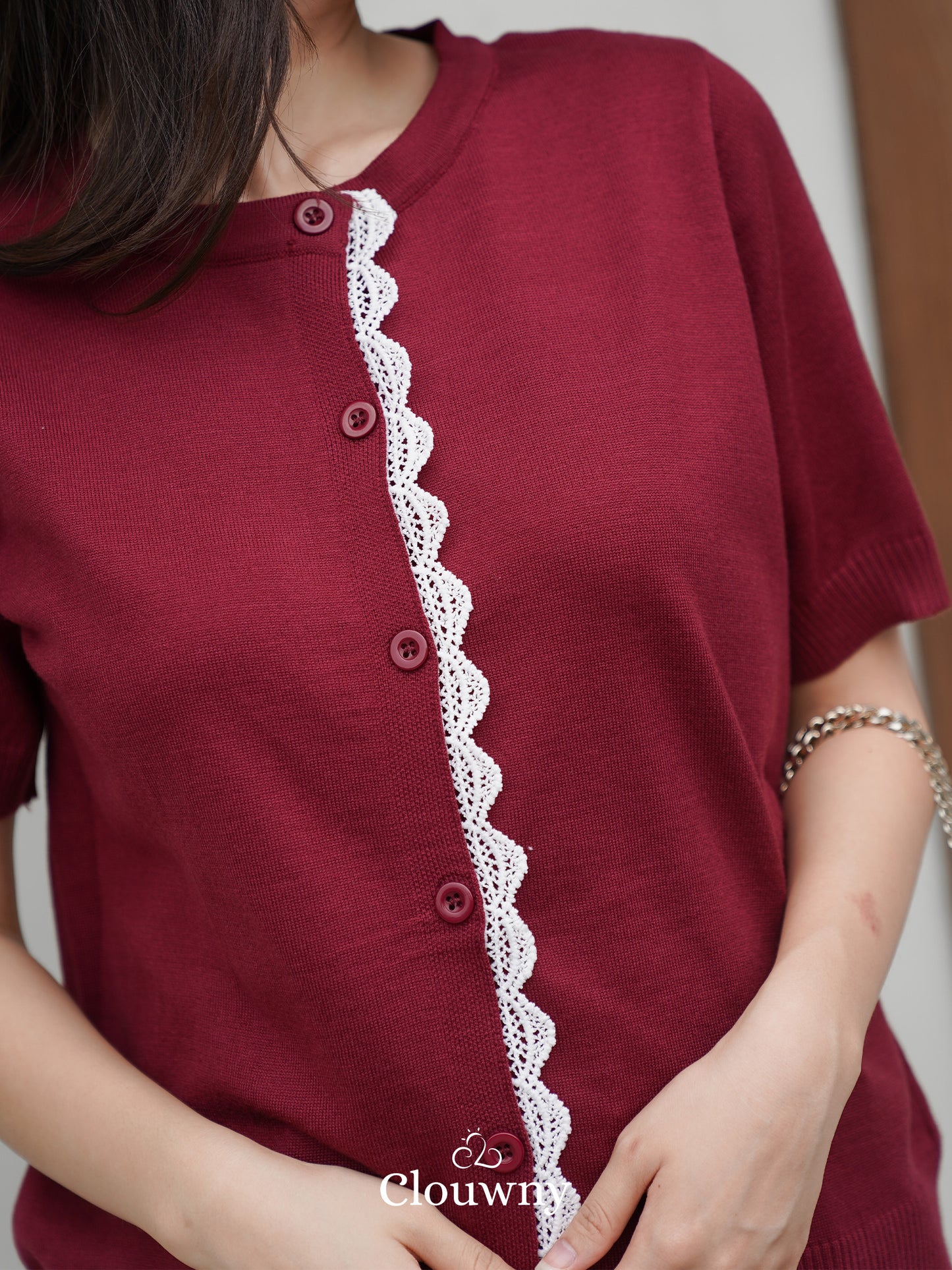 Izzy Button Lace Knit Top - Maroon