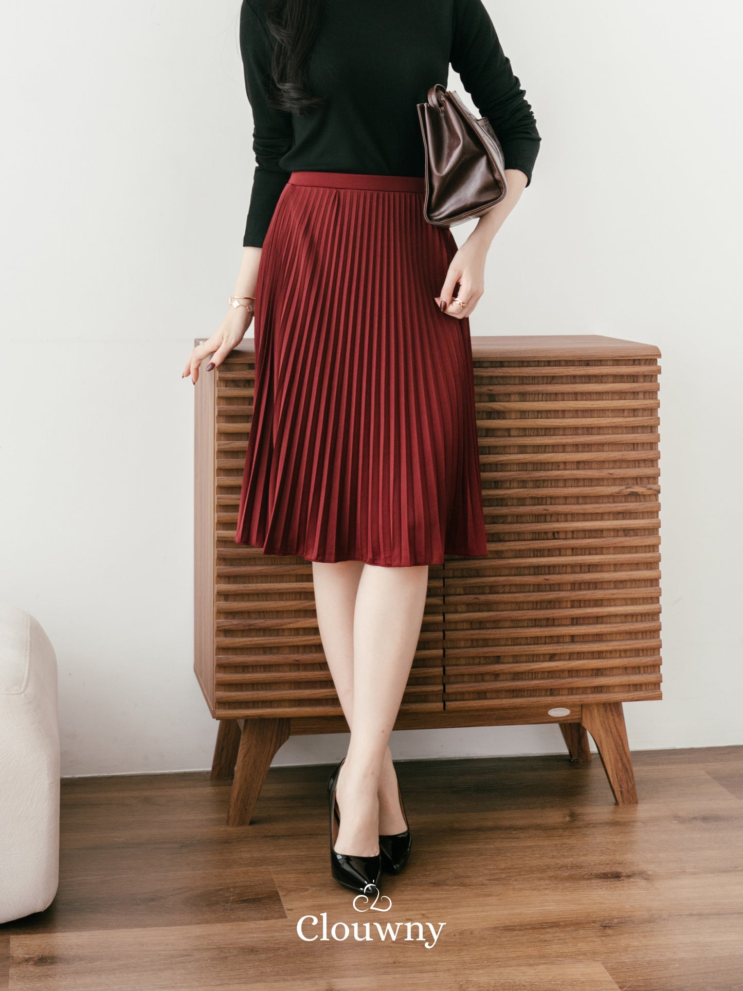 Vamos Midi Pleats Skirt - Maroon