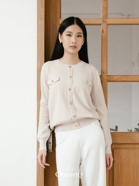 Pomp Button Top - Khaki