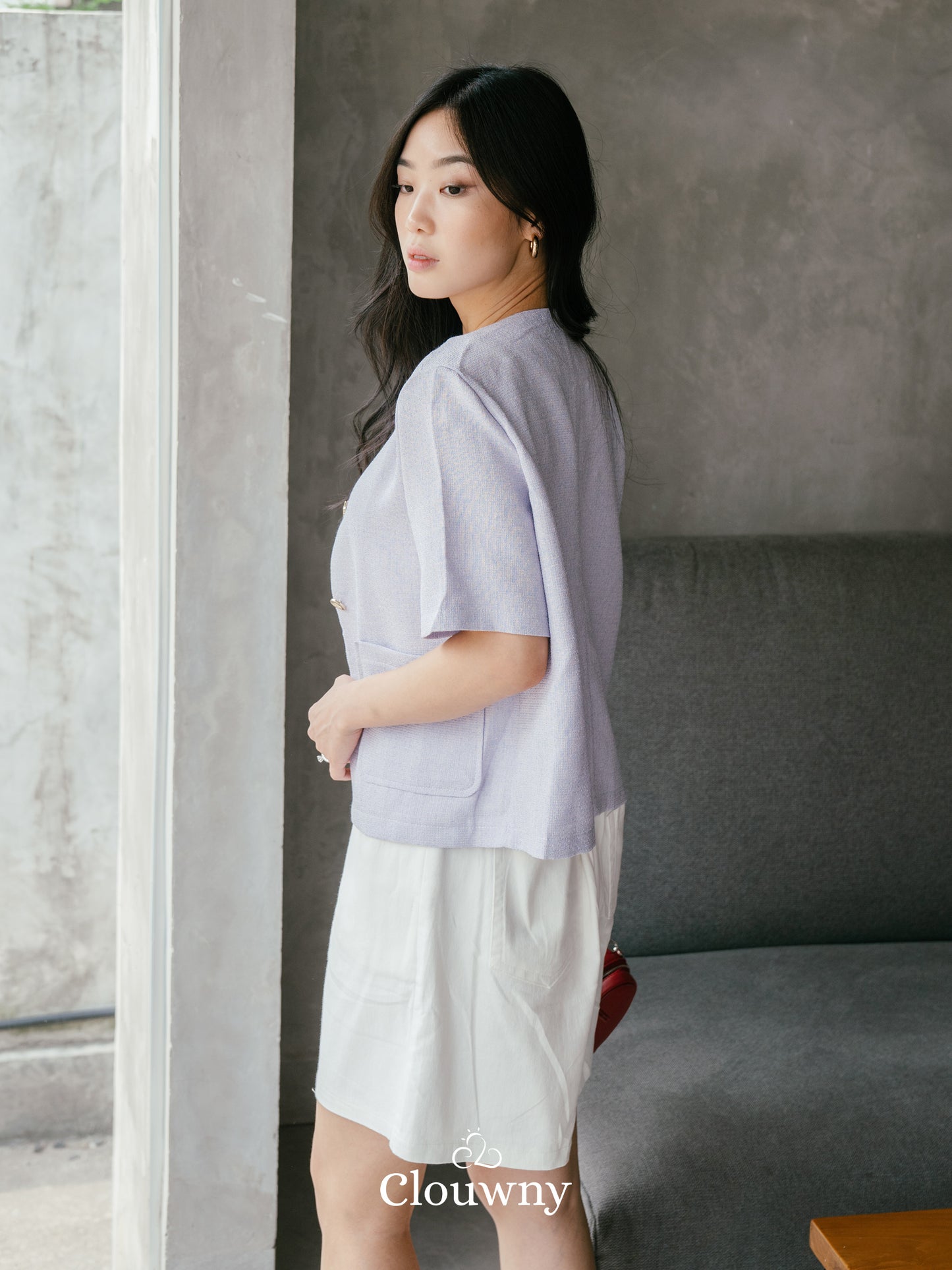 Denver Tweed Blouse Top - Purple