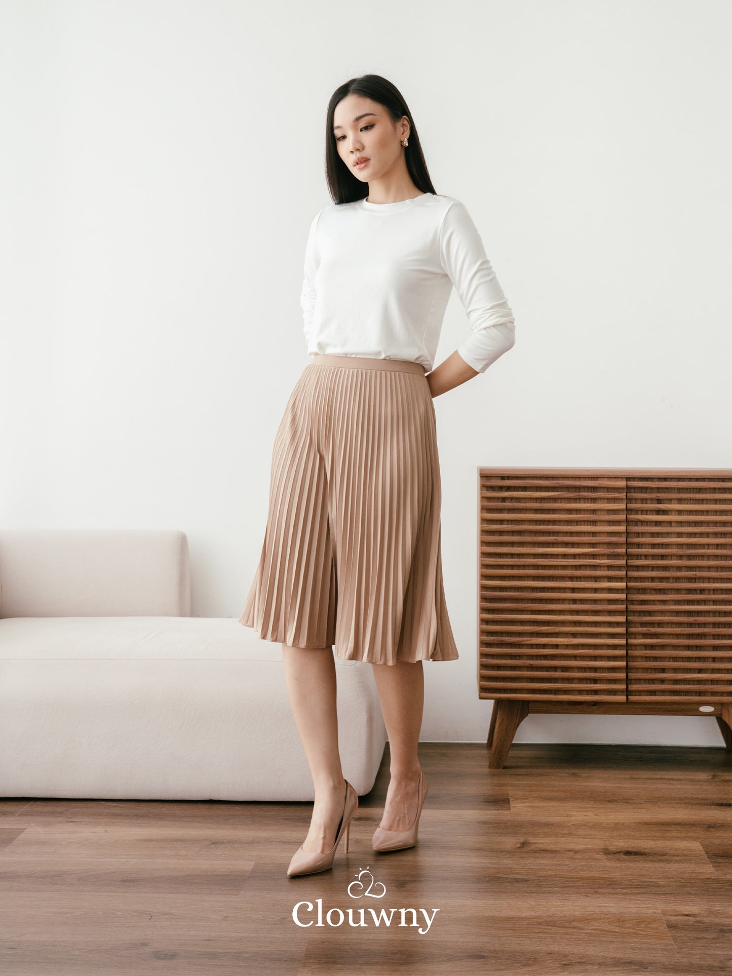 Vamos Midi Pleats Skirt - Cream