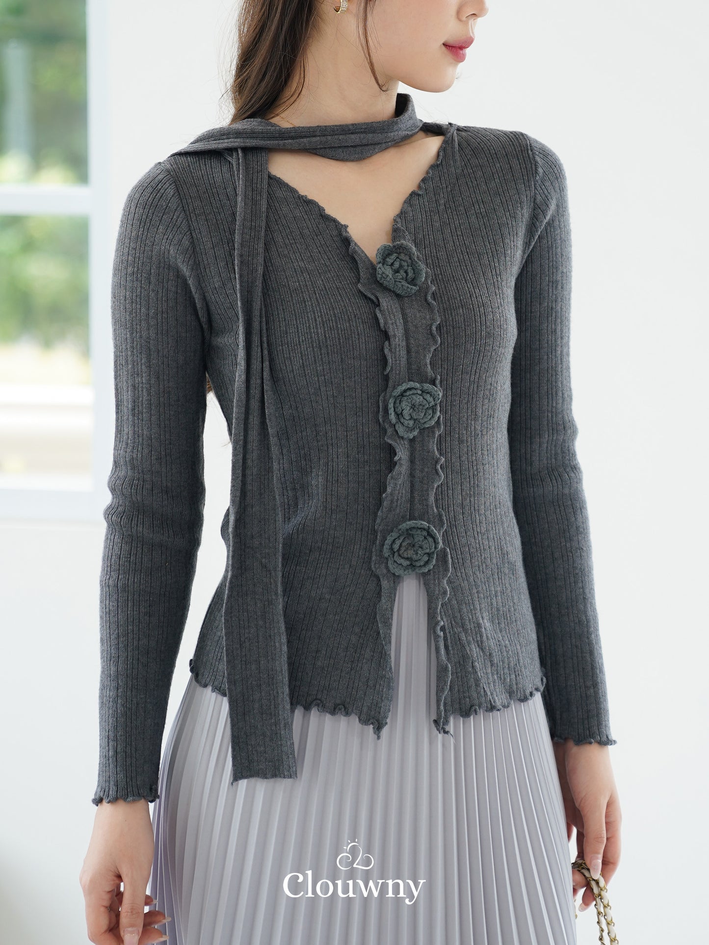Marley Flower Knit Top - Grey