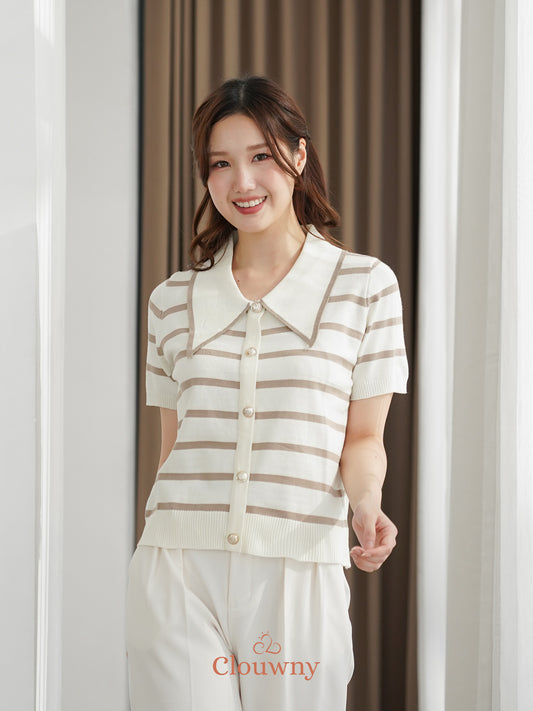 Prisca Collar Knit Top - Cream-Beige Stripes