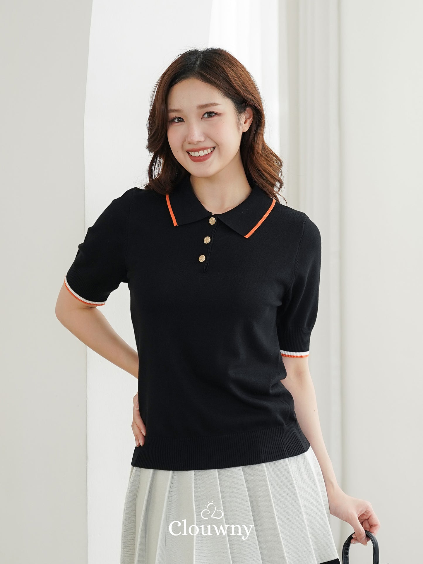 Domitia Polo Knit Top - Black