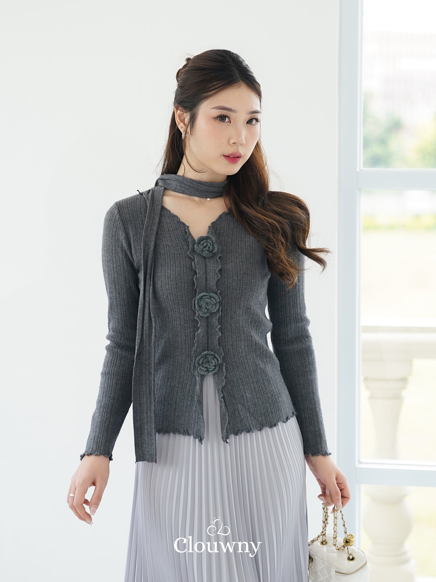Marley Flower Knit Top - Grey