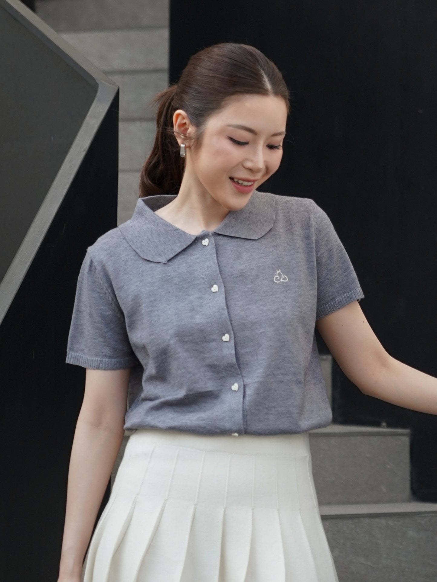 Noza Collar Knit Top - Grey