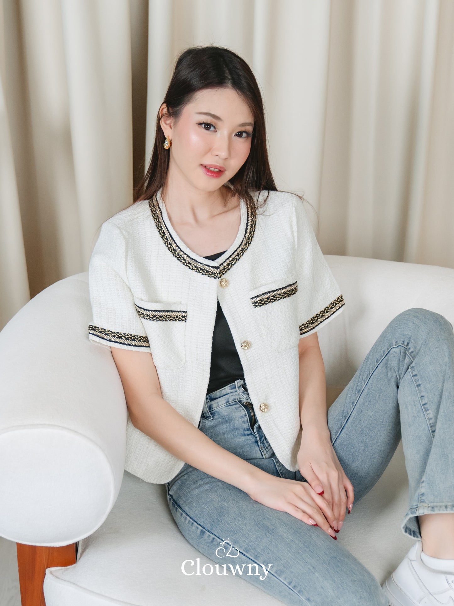Fumi Pocket Tweed Top - Broken White