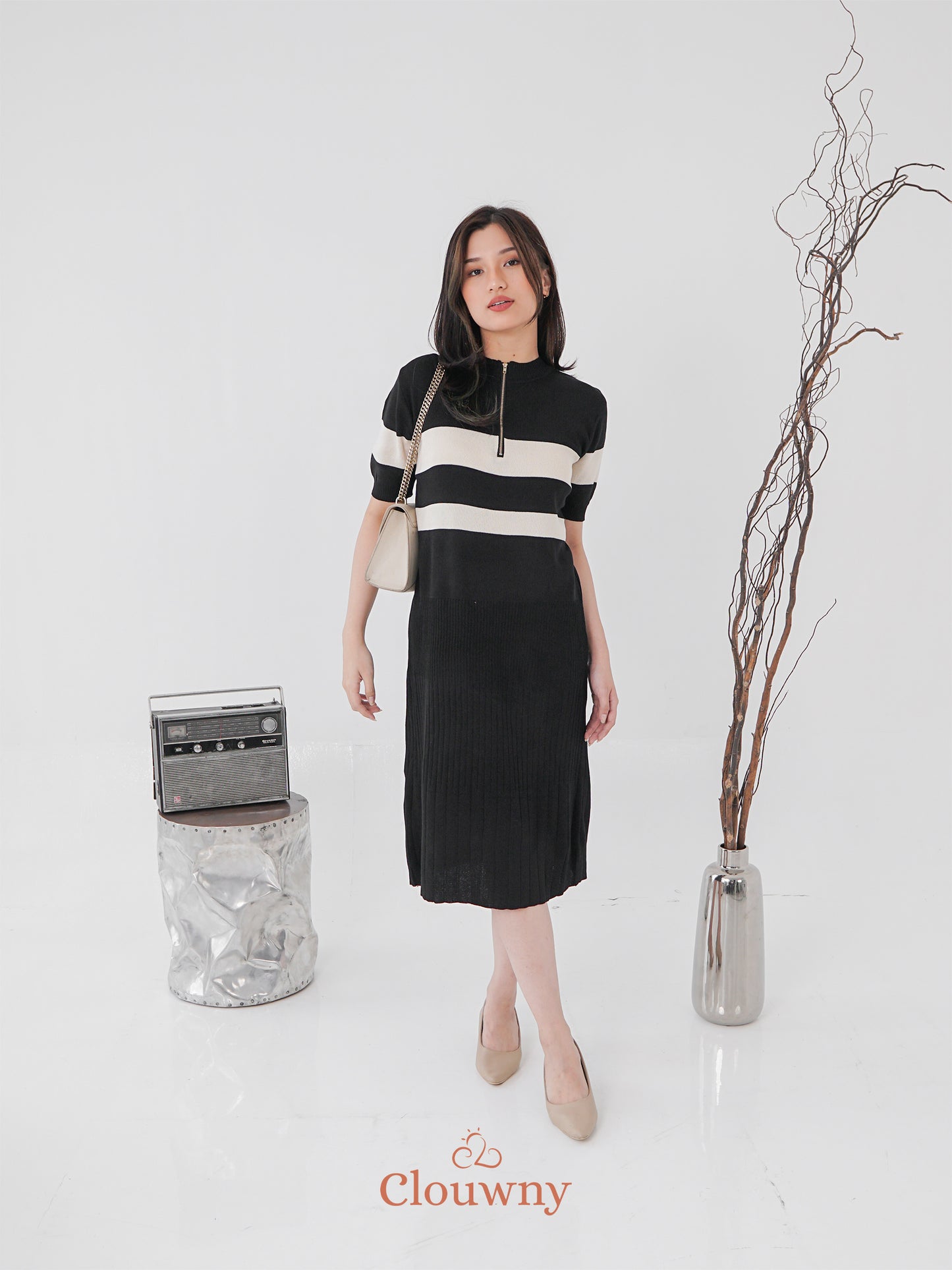 Fafa Knit Zipper Dress - Black