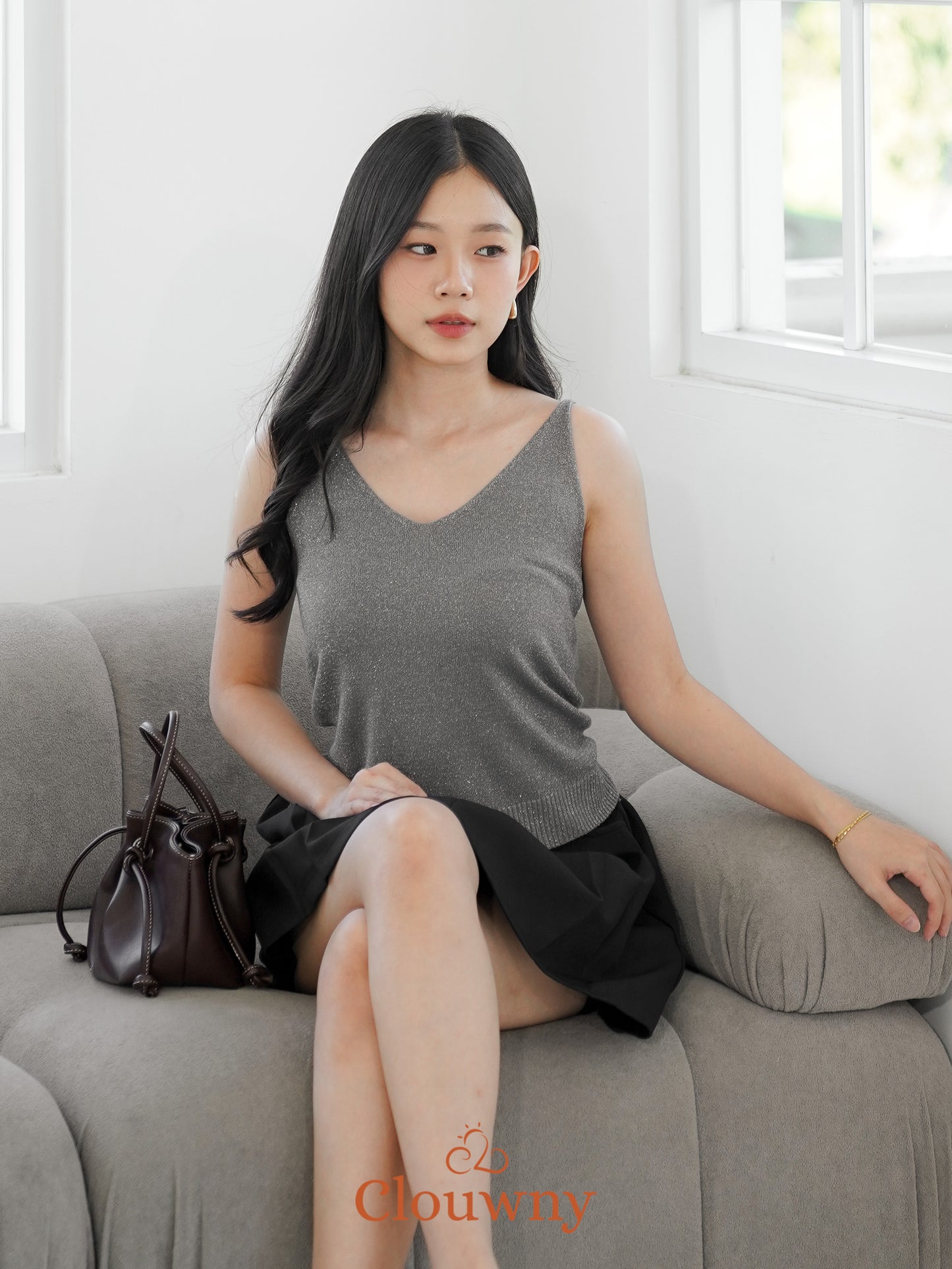 Dela Spaghetti Glitter Tanktop - Grey