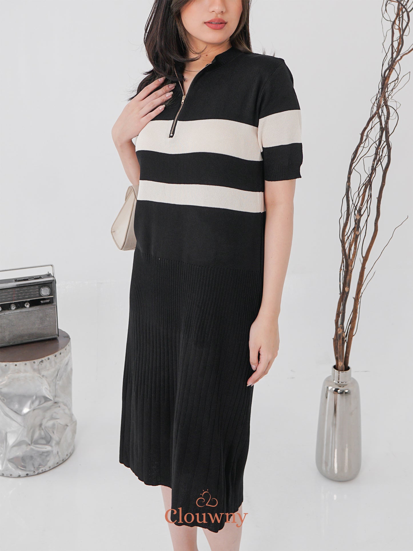 Fafa Knit Zipper Dress - Black