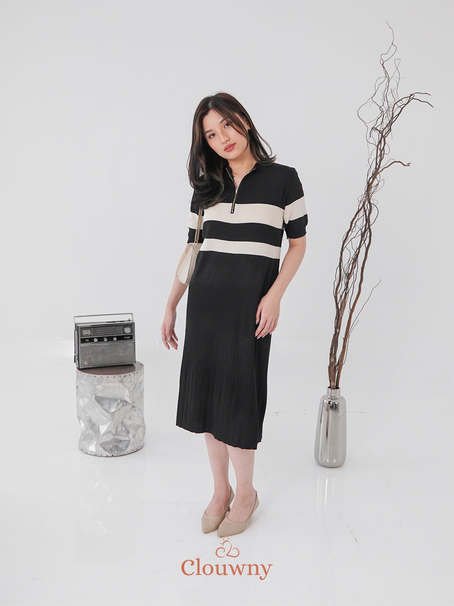 Fafa Knit Zipper Dress - Black