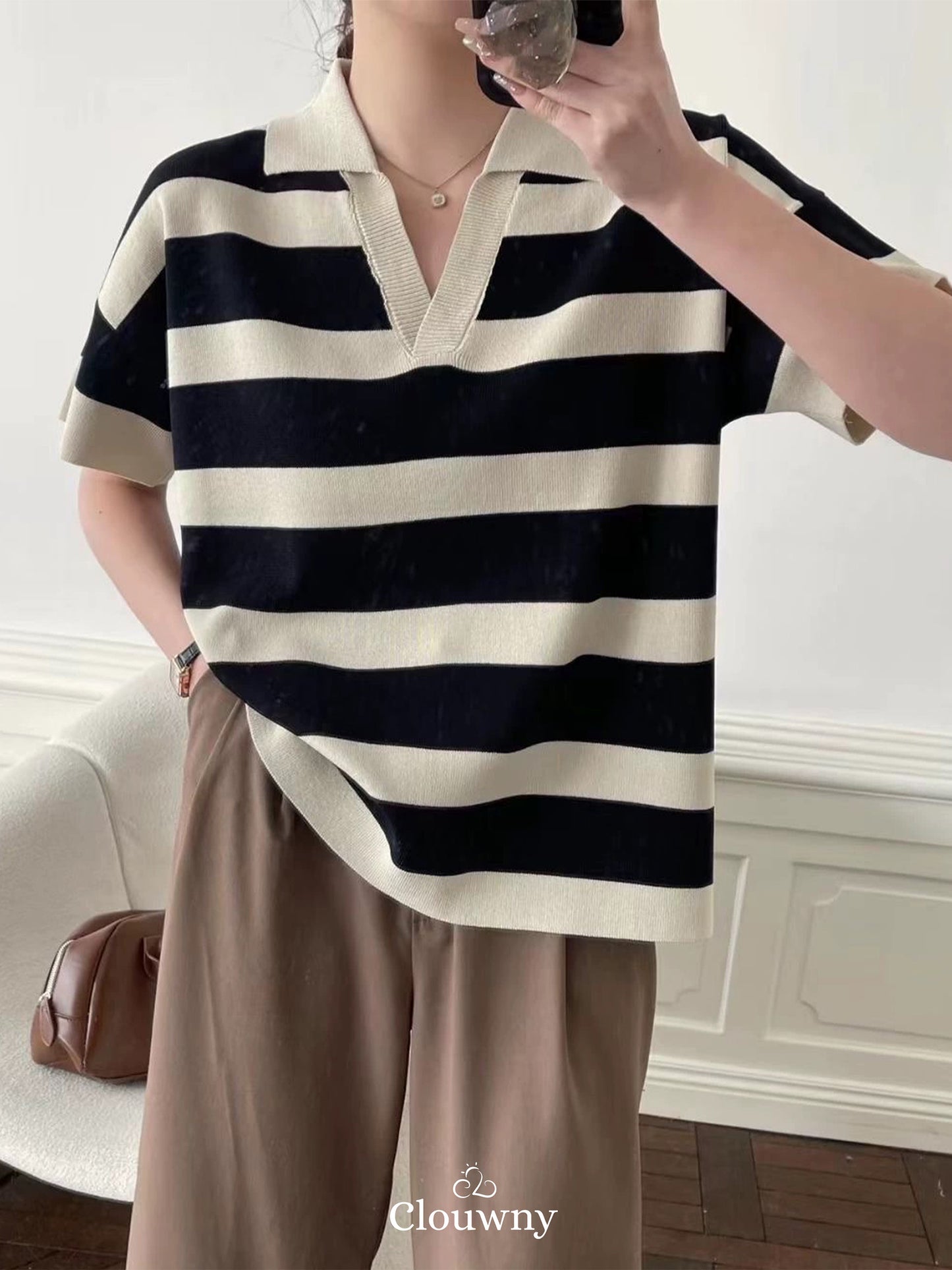 Minji Knit Stripes Top - Cream