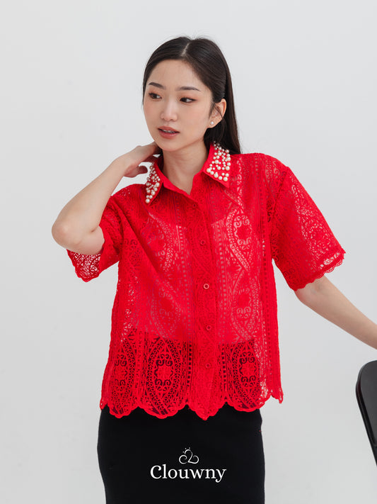 Chiro Pearl Lace Blouse - Red