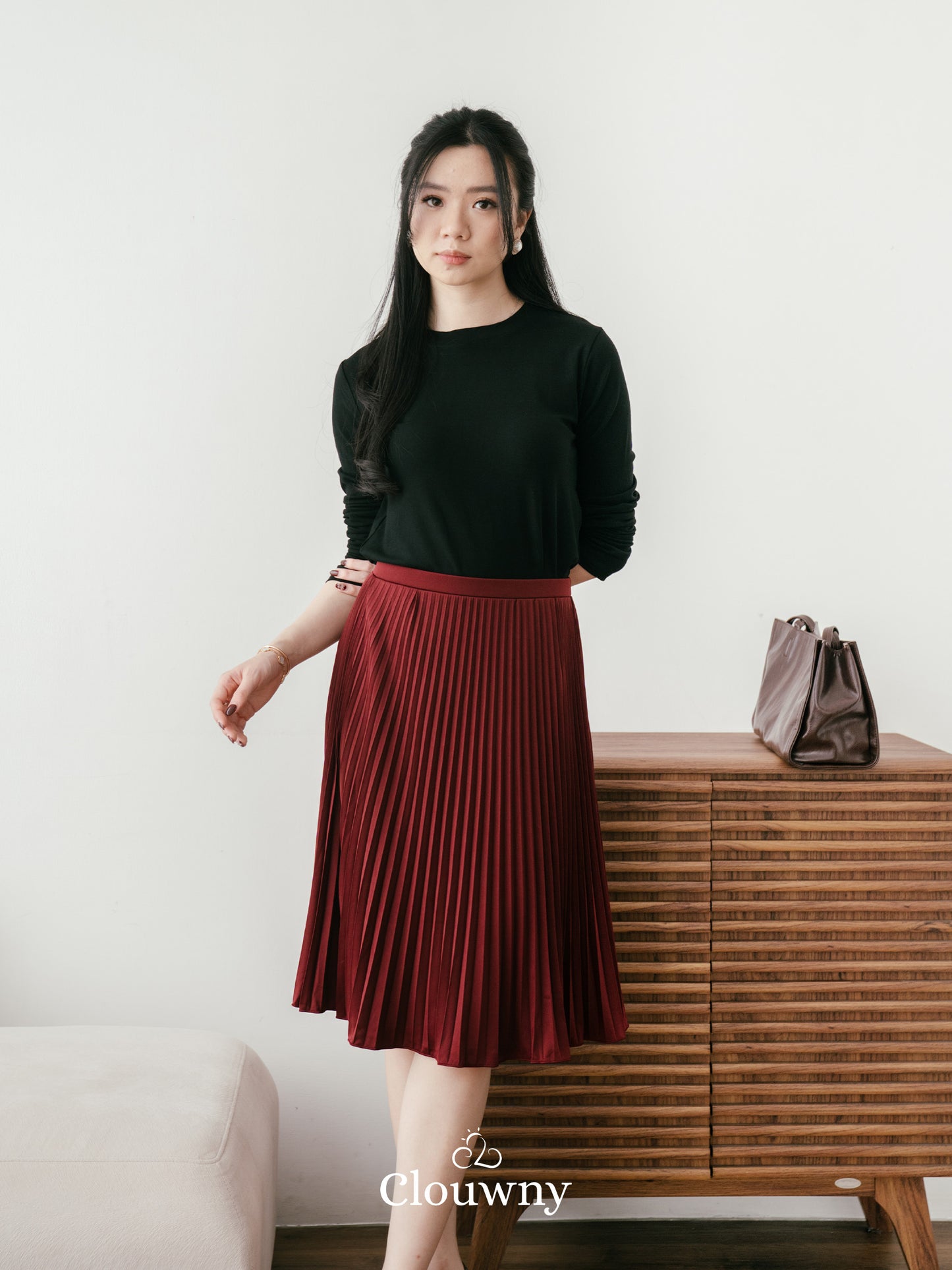 Vamos Midi Pleats Skirt - Maroon