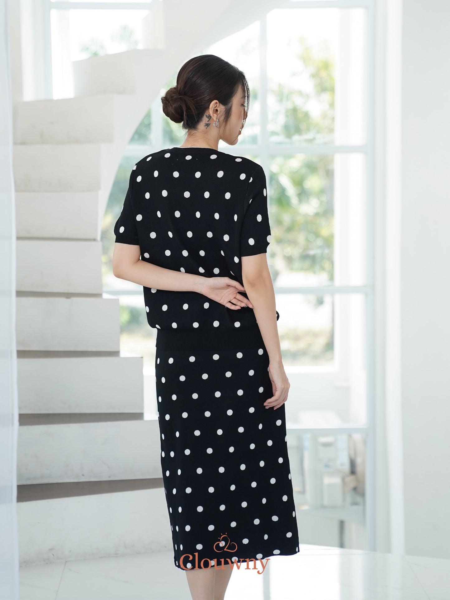 Moir Dot Knit Set - Black