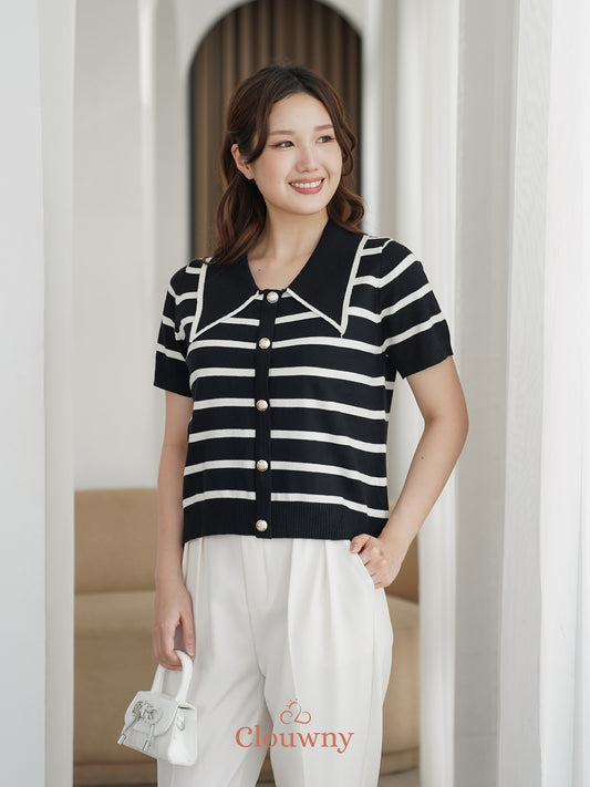 Prisca Collar Knit Top - Black-White Stripes