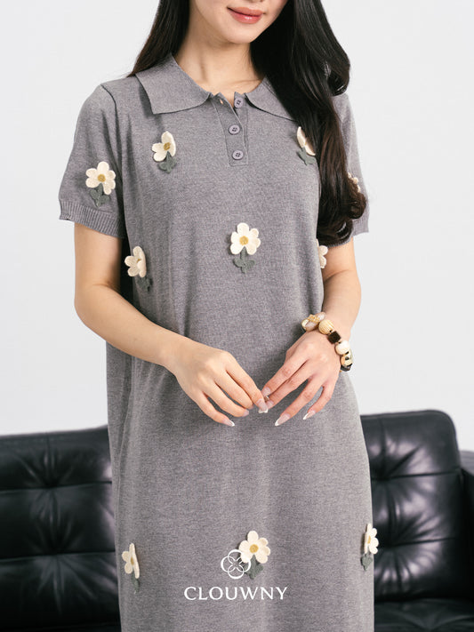 Anetha Flower Knit Dress - Grey